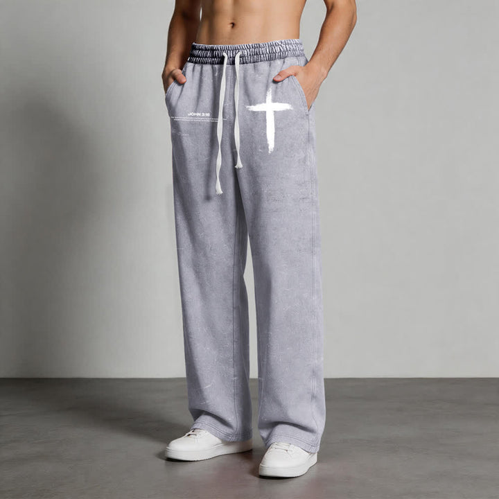 Christianartworkshop Brush Stroke Cross John 3:16 Scripture Statement Washed Sweatpants - image 5