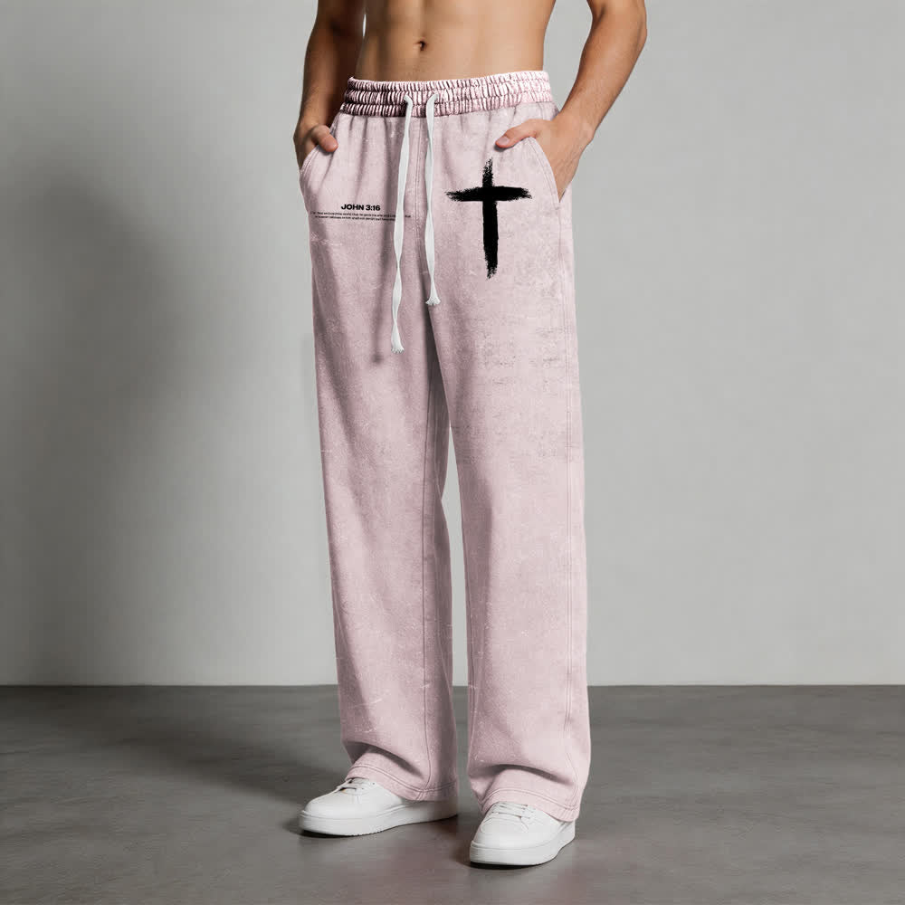 Christianartworkshop Brush Stroke Cross John 3:16 Scripture Statement Washed Sweatpants - image 17