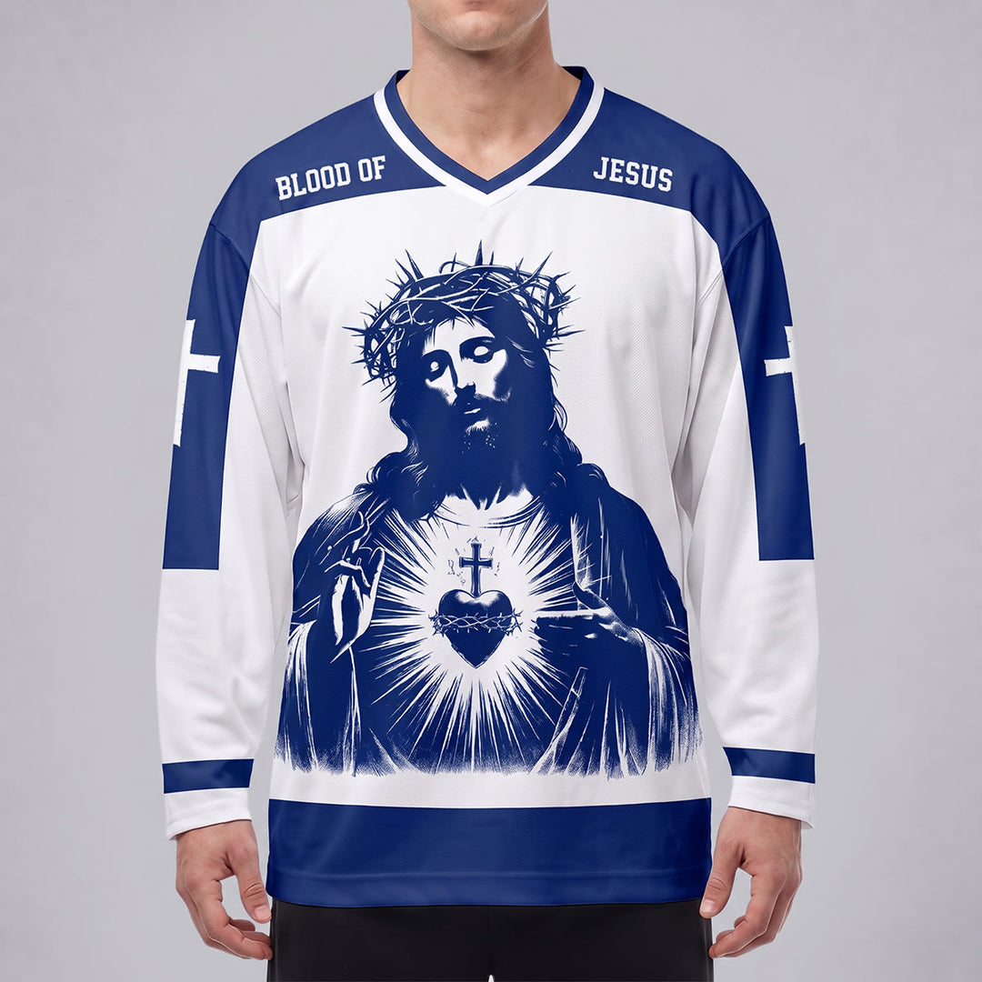 Christianartworkshop Blood of Jesus Sacred Heart Long Sleeve Hockey Jersey  - image 1