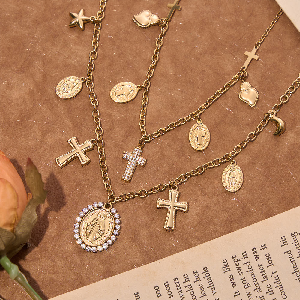Christianartworkshop Vintage Mary & Cross Charm Choker Necklace: Emblem of Soft Sacred Radiance - image 0