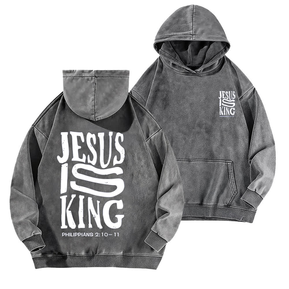 Christianartworkshop Jesus Is King Front And Back Print Washed Hoodie - Grey - 5XL - image 6