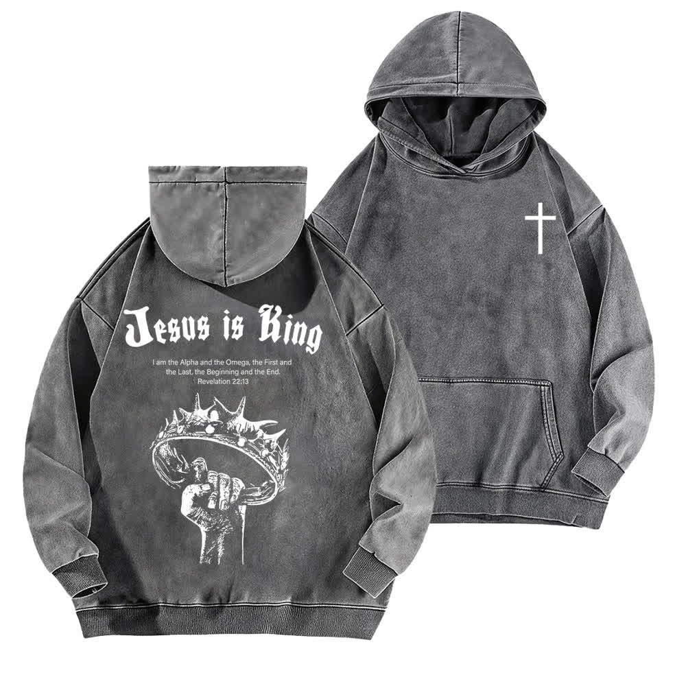Christianartworkshop Jesus Is King Crown Of Thorns Washed Hoodie - Grey - 5XL - image 6