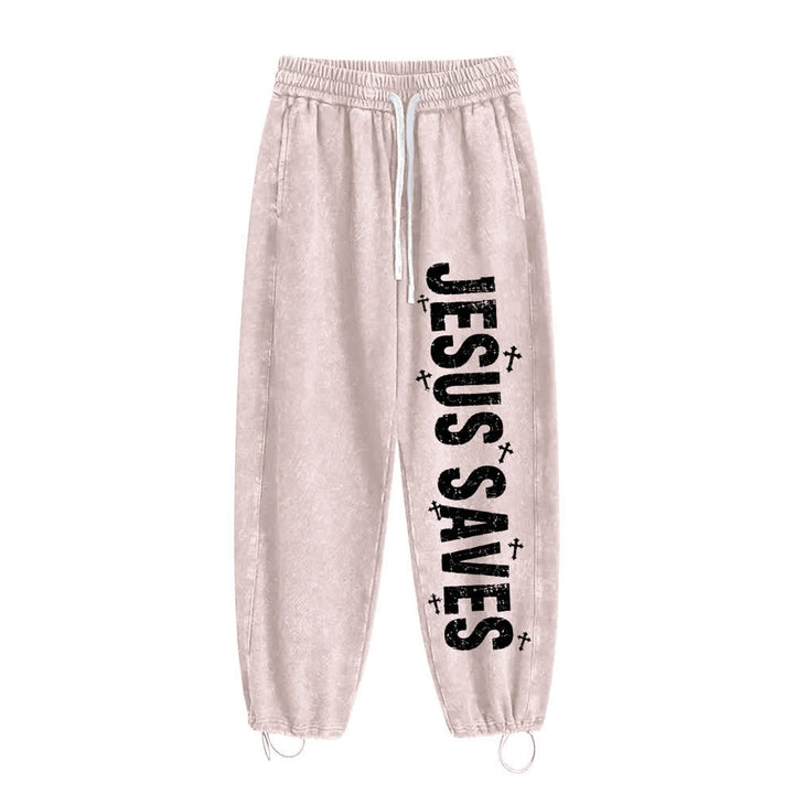 Christianartworkshop Jesus Saves Distressed Statement Washed Sweatpants - Beige - 2XL - image 8