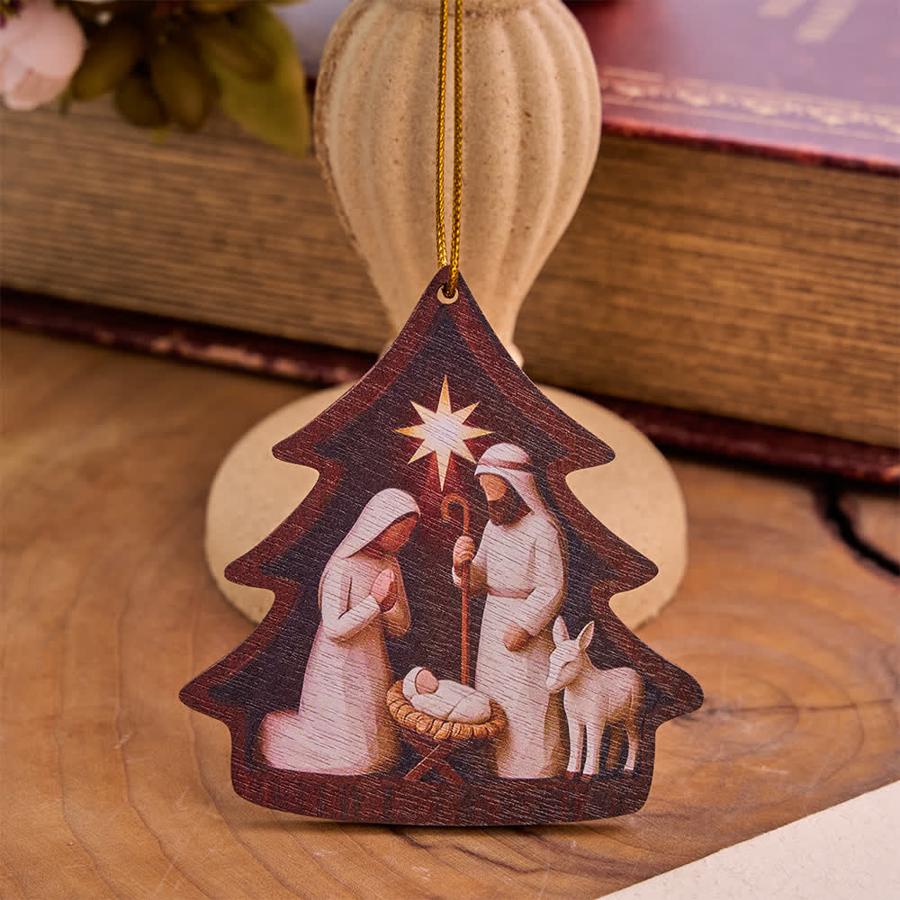 Christianartworkshop Tree‑Shaped Wooden Hanging Ornament With Holy Family Nativity Scene - White - image 1