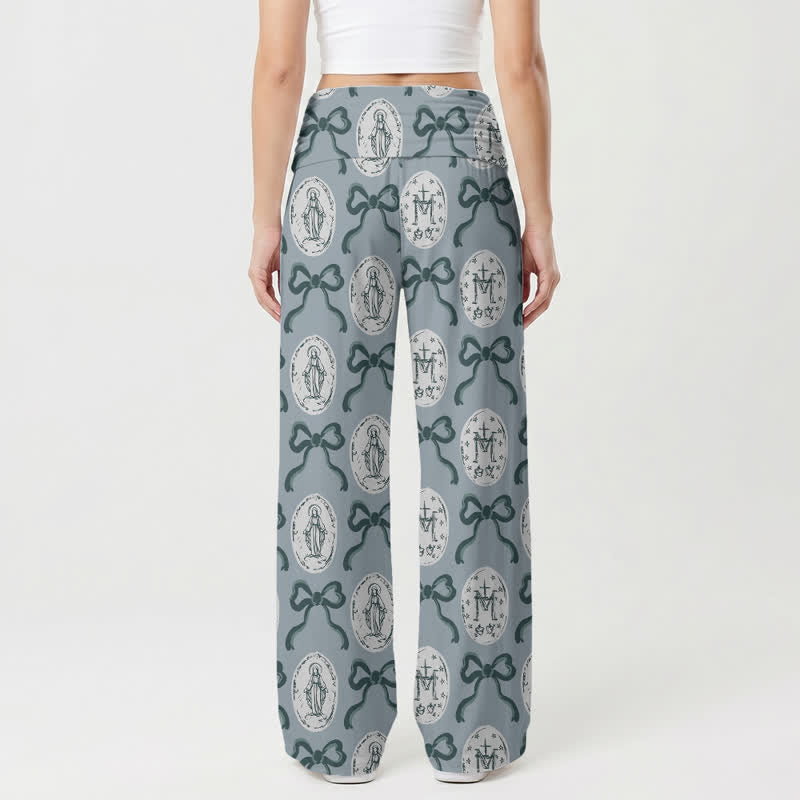 Christianartworkshop Blue Gray Medallion Bow Print Women’s Wide Leg Pants - image 1