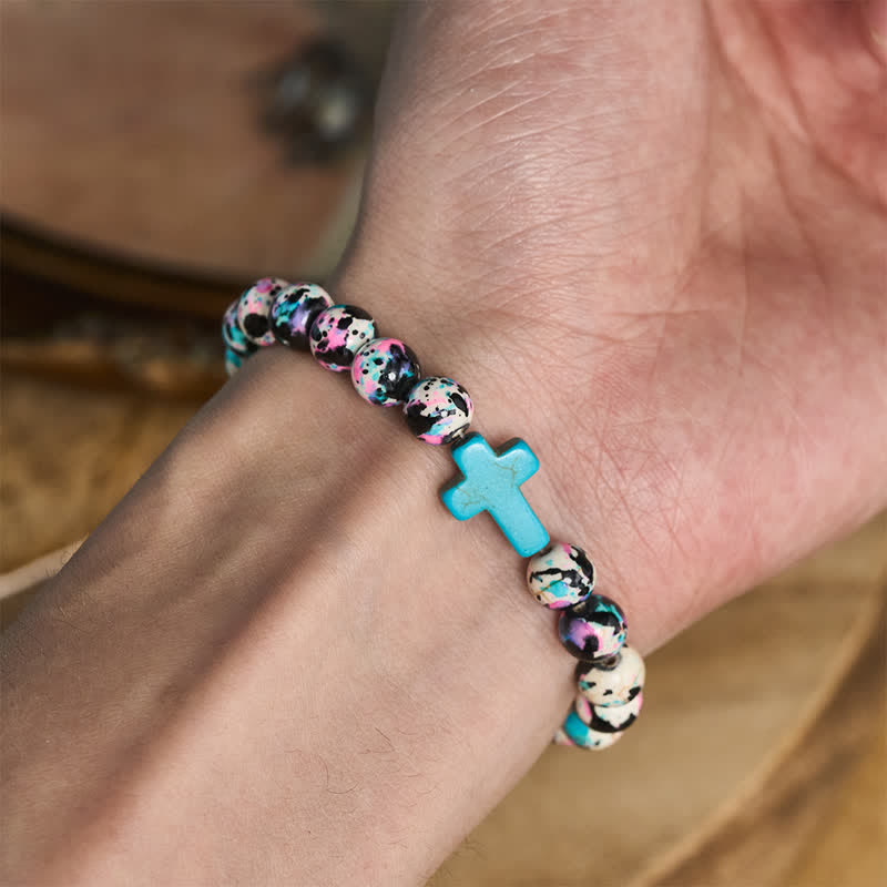 Christianartworkshop Inspirational Psalm 46:5 Cross Bracelet with Colorful Crackle Beads - image 1