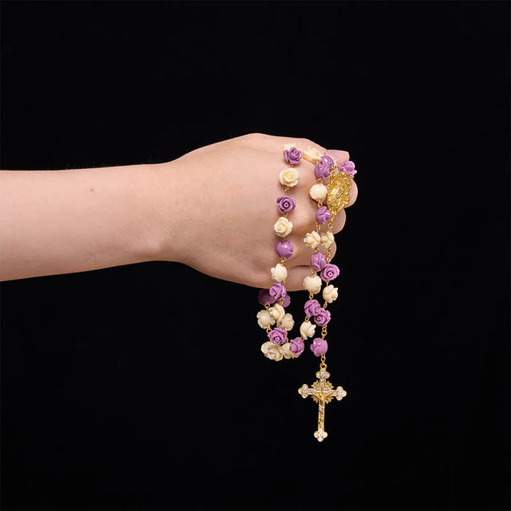 Christianartworkshop Cream Purple Rose Bead Our Lady & Jeweled Crucifix Rosary: Emblem of Gentle Heavenly Grace - image 1