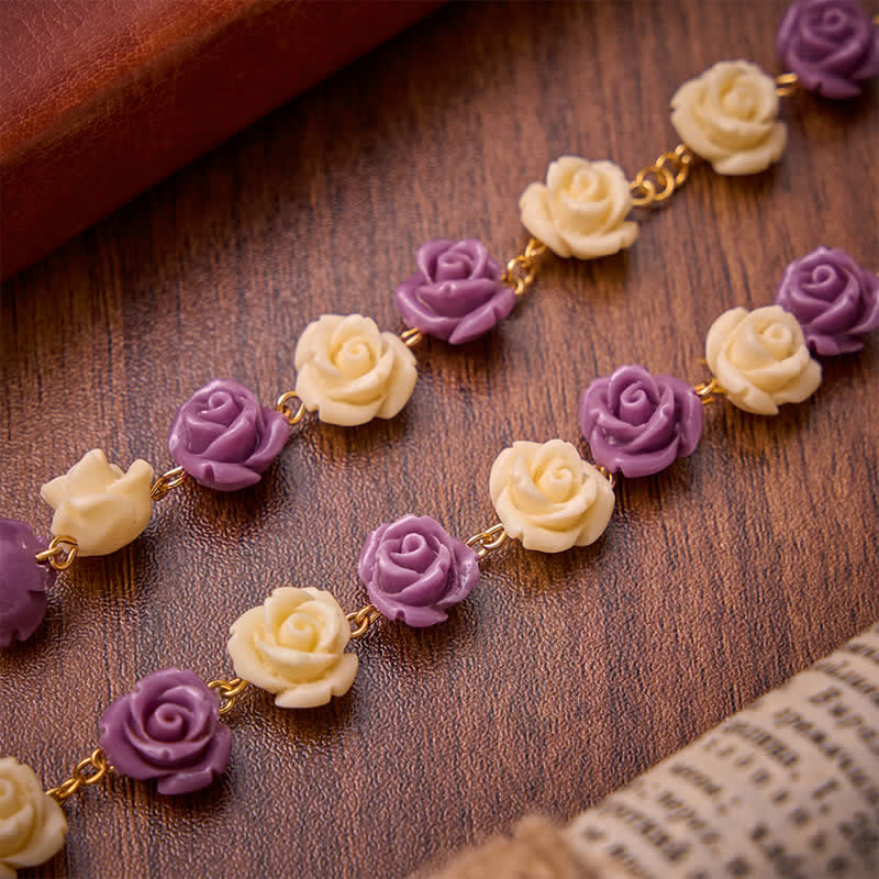 Christianartworkshop Cream Purple Rose Bead Our Lady & Jeweled Crucifix Rosary: Emblem of Gentle Heavenly Grace - image 6