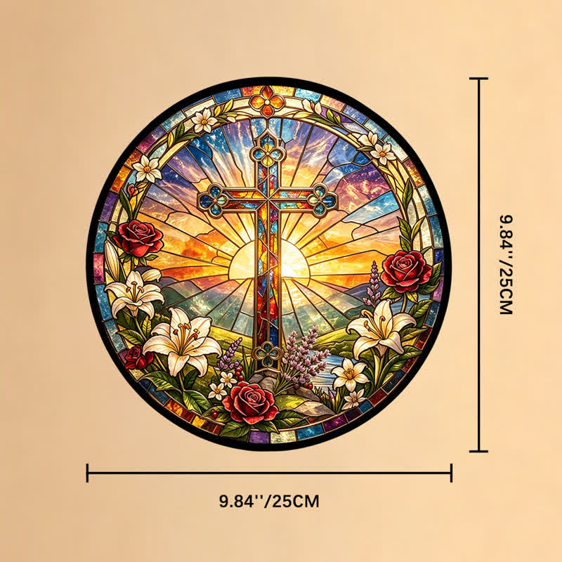 Christianartworkshop Lily & Rose Wreath Cross Glass Suncatcher: Emblem of Gentle Divine Purity - 9.84''*9.84''*0.14''/25*25*0.35cm - image 9