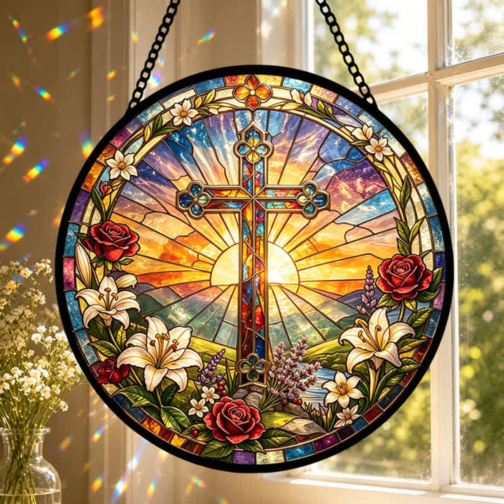 Christianartworkshop Lily & Rose Wreath Cross Glass Suncatcher: Emblem of Gentle Divine Purity - image 0