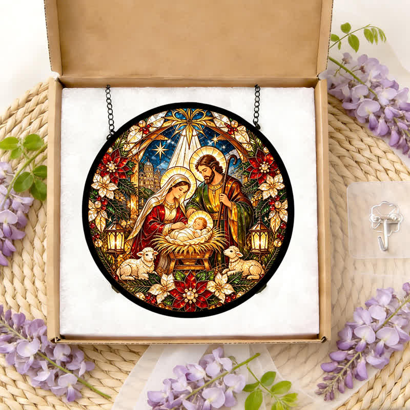 Christianartworkshop Round Stained Nativity Glass Suncatcher: Emblem of Tender Heavenly Arrival - image 11
