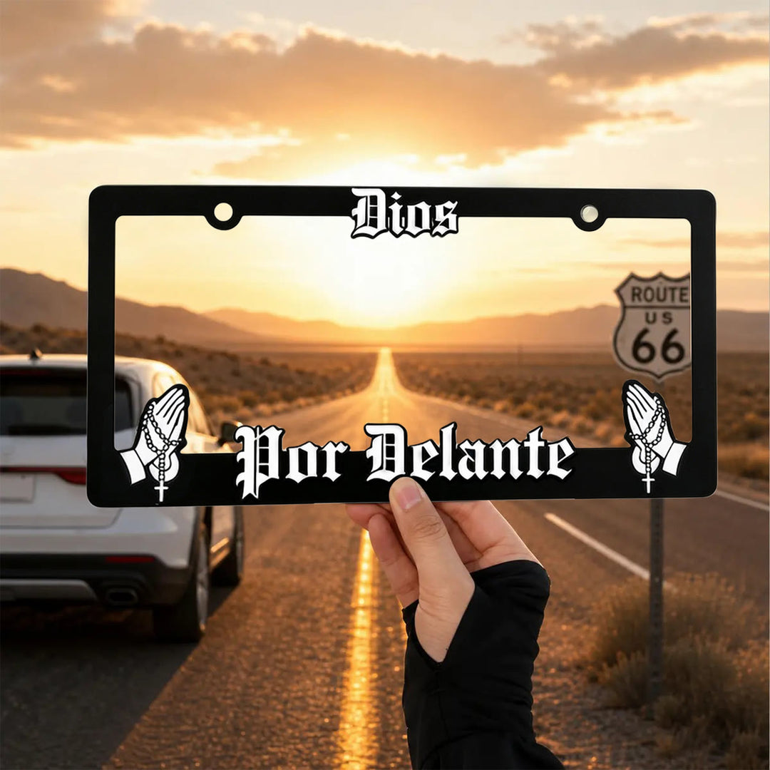 Christianartworkshop Dios Por Delante License Plate Frame with Praying Hands: Token Of Peaceful Daily Spiritual Serenity - 12.24"*6.26"*0.39"/31.1cm*15.9cm*1cm (USA Standard) - image 0