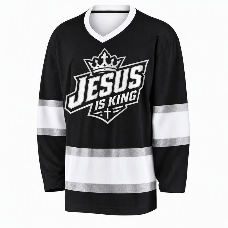 Christianartworkshop Jesus Is King Black Streetwear Hockey Jersey - image 1