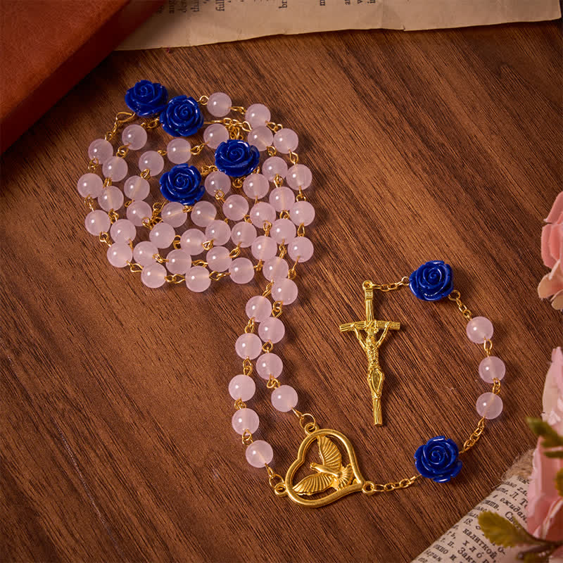 Christianartworkshop Heavenly Royal Blue Rose Pink Glass Rosary with Holy Spirit Heart & Crucifix - image 3