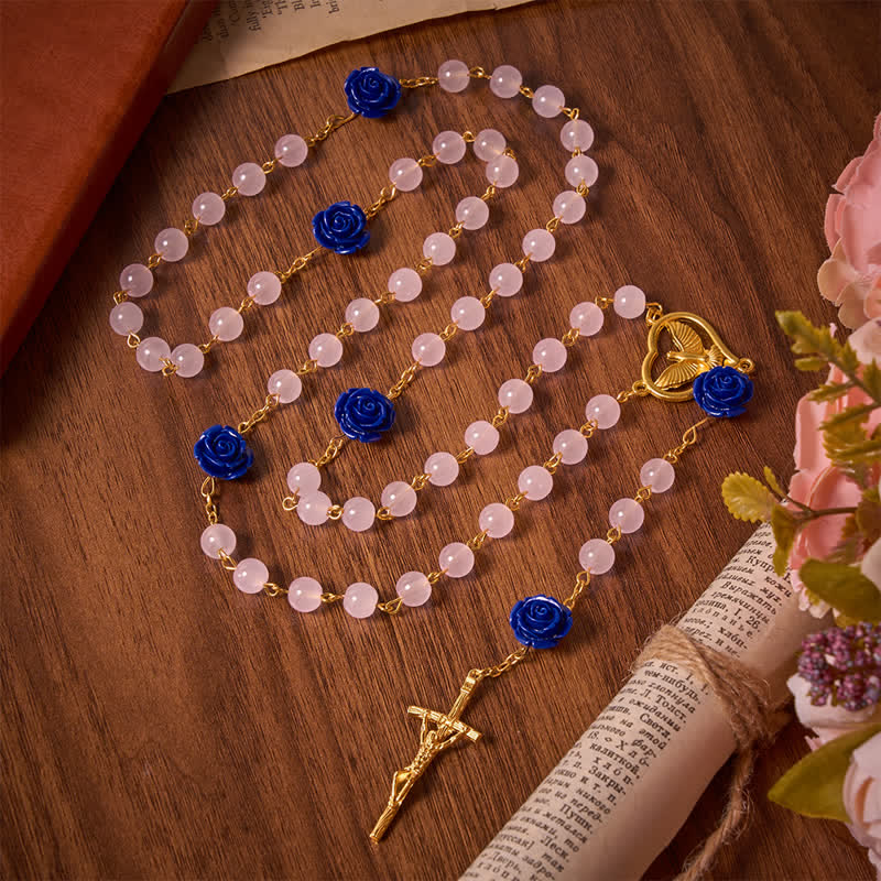 Christianartworkshop Heavenly Royal Blue Rose Pink Glass Rosary with Holy Spirit Heart & Crucifix - image 2