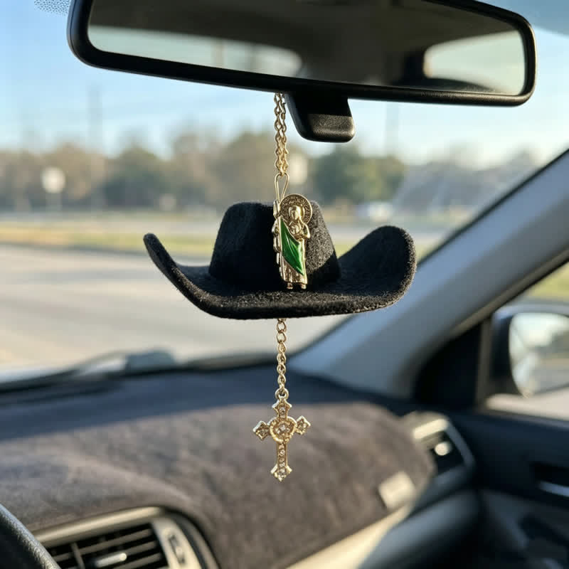 Christianartworkshop Cross St. Jude & Our Lady Car Pendant: Symbol Of Enduring Heavenly Hope - Black & St. Jude - image 0