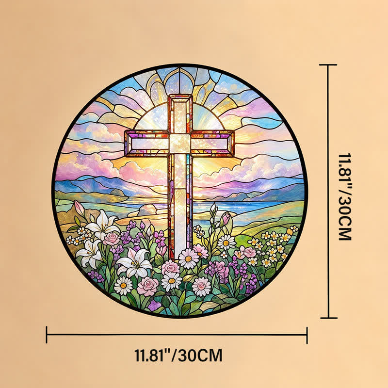 Christianartworkshop Round Scenic Cross Glass Suncatcher: Sign of Timeless Sacred Grace - 11.81''*11.81''*0.14''/30*30*0.35cm - image 10