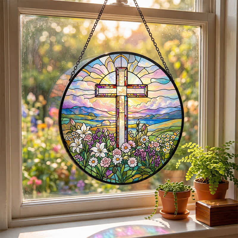 Christianartworkshop Round Scenic Cross Glass Suncatcher: Sign of Timeless Sacred Grace - image 2