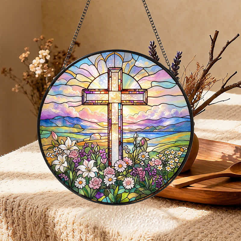 Christianartworkshop Round Scenic Cross Glass Suncatcher: Sign of Timeless Sacred Grace - image 4