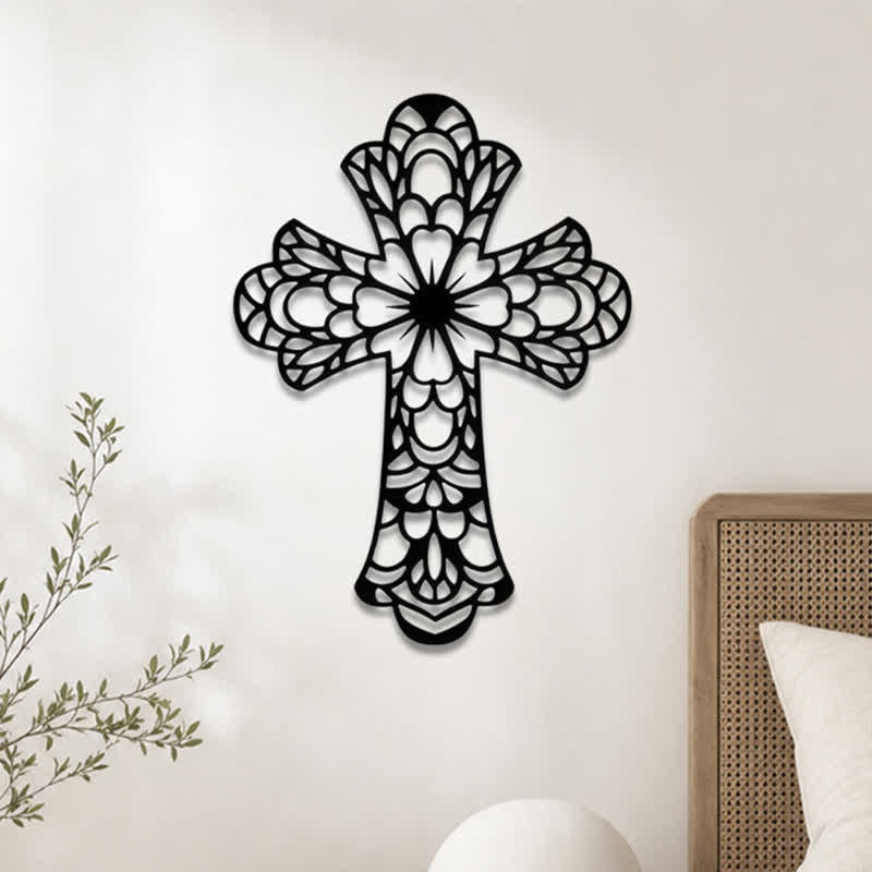 Christianartworkshop Intricate Floral Mandala Sacred Cross Metal Wall Decor: Symbol of Gentle Divine Beauty - image 0
