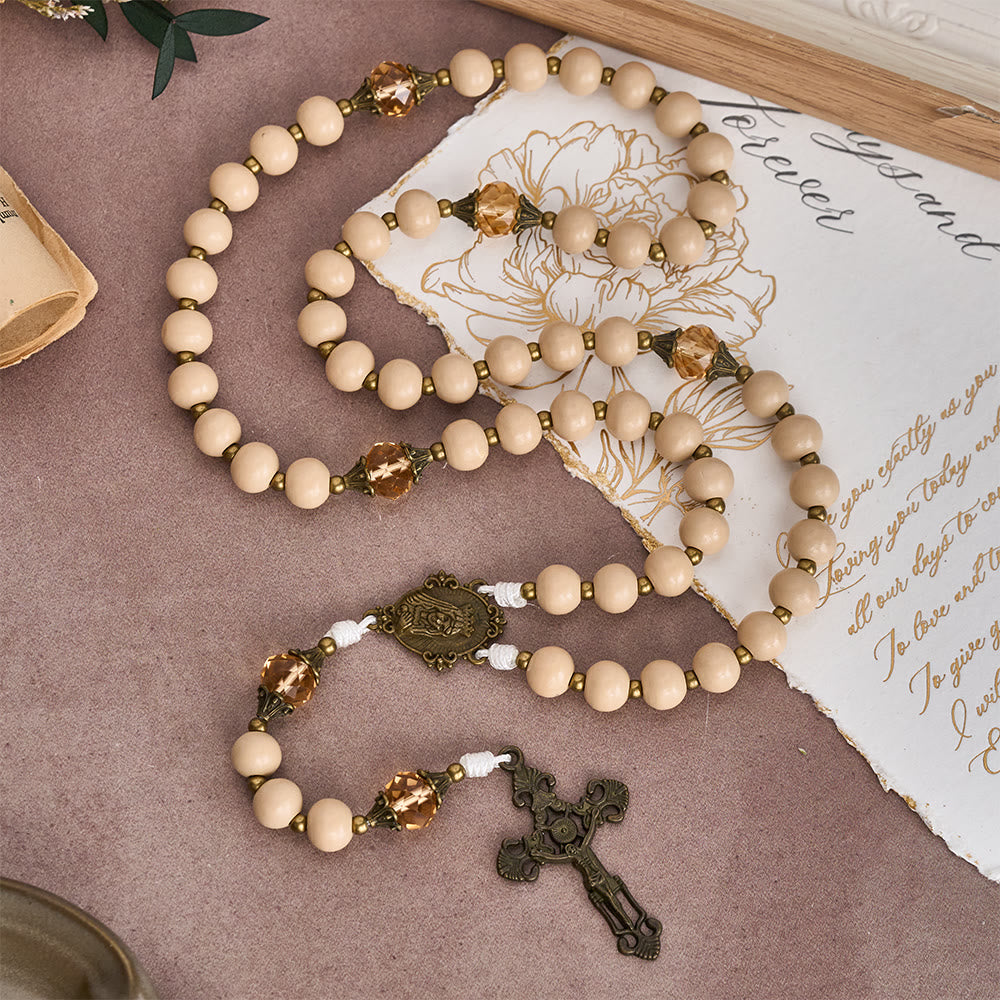 Christianartworkshop Beige Beads Rosary with Champagne-Tone Accent: Faith & Calm Reminder for Quiet Moments - Our Lady & Crucifix - image 0