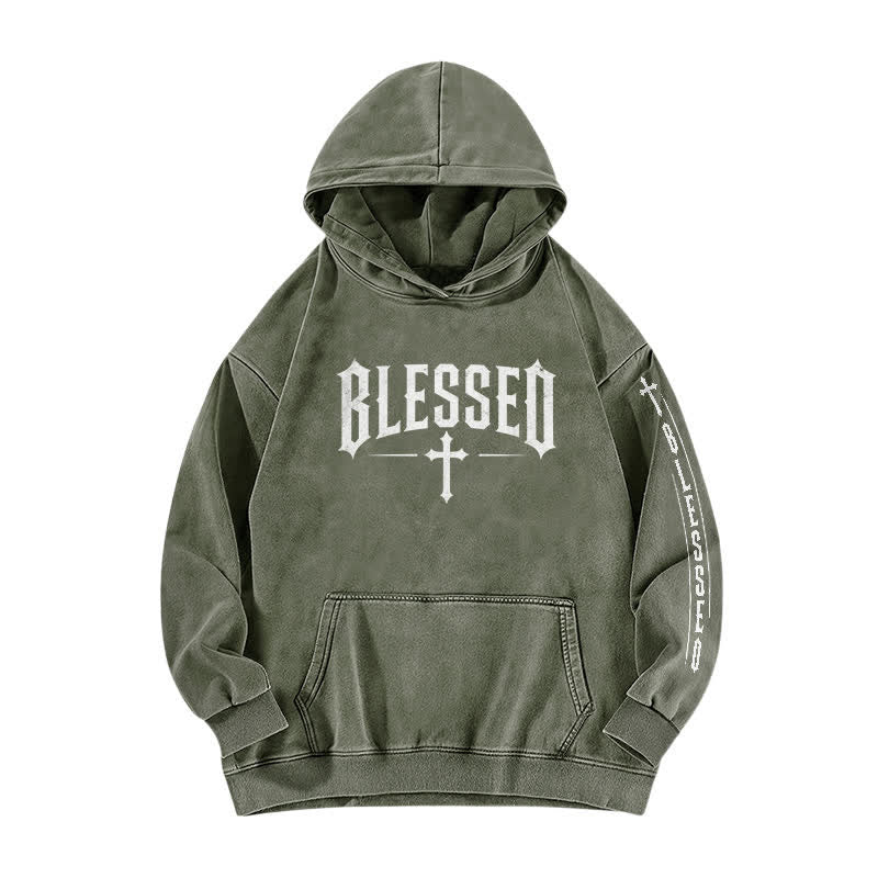 Christianartworkshop Blessed Gothic Cross Graphic Washed Hoodie - Army Green - 5XL - image 2