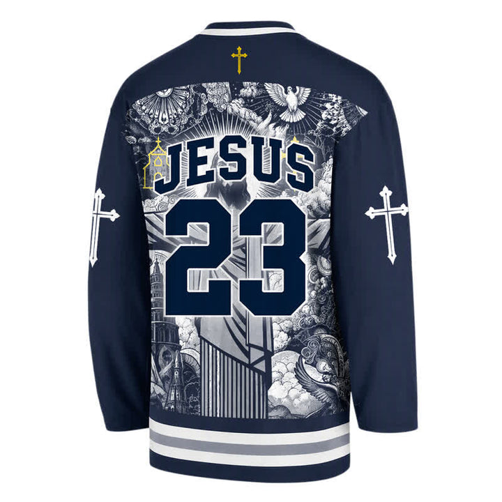 Christianartworkshop Jesus 23 Navy Streetwear Long Sleeve Hockey Jersey - image 1