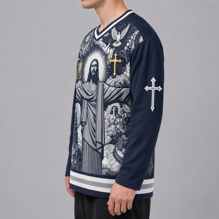 Christianartworkshop Jesus 23 Navy Streetwear Long Sleeve Hockey Jersey - image 5