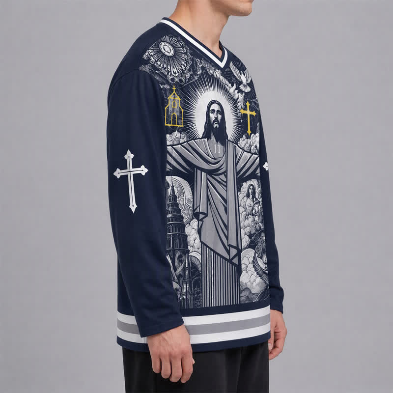 Christianartworkshop Jesus 23 Navy Streetwear Long Sleeve Hockey Jersey - image 6