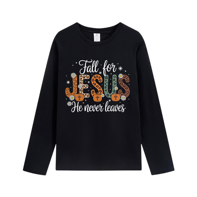 Christianartworkshop Fall For Jesus He Never Leaves Graphic Long Sleeve T-Shirt - Black - 4XL - image 3