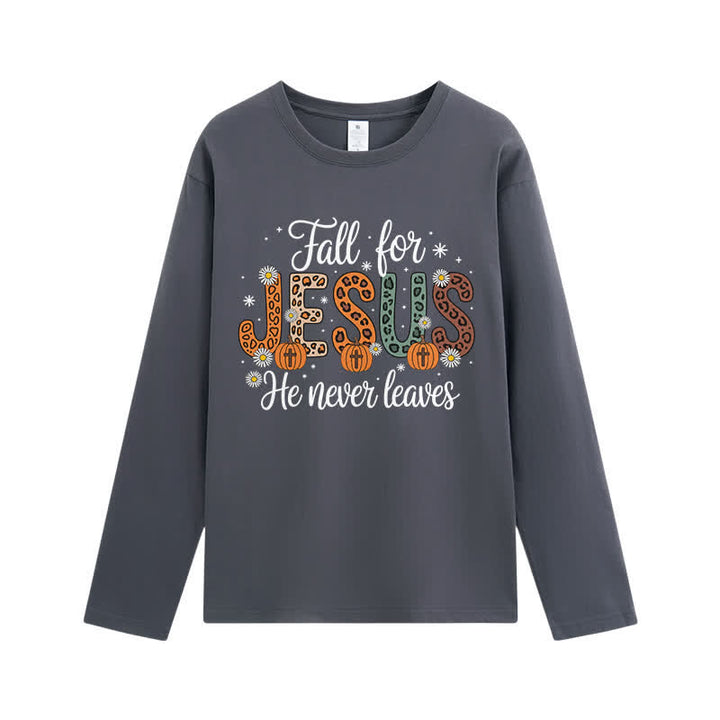 Christianartworkshop Fall For Jesus He Never Leaves Graphic Long Sleeve T-Shirt - Grey - 4XL - image 7