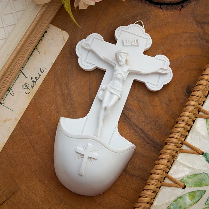 Christianartworkshop Sculpted Crucifix Resin Holy Water Font: Beacon of Serene Heavenly Guidance - image 1