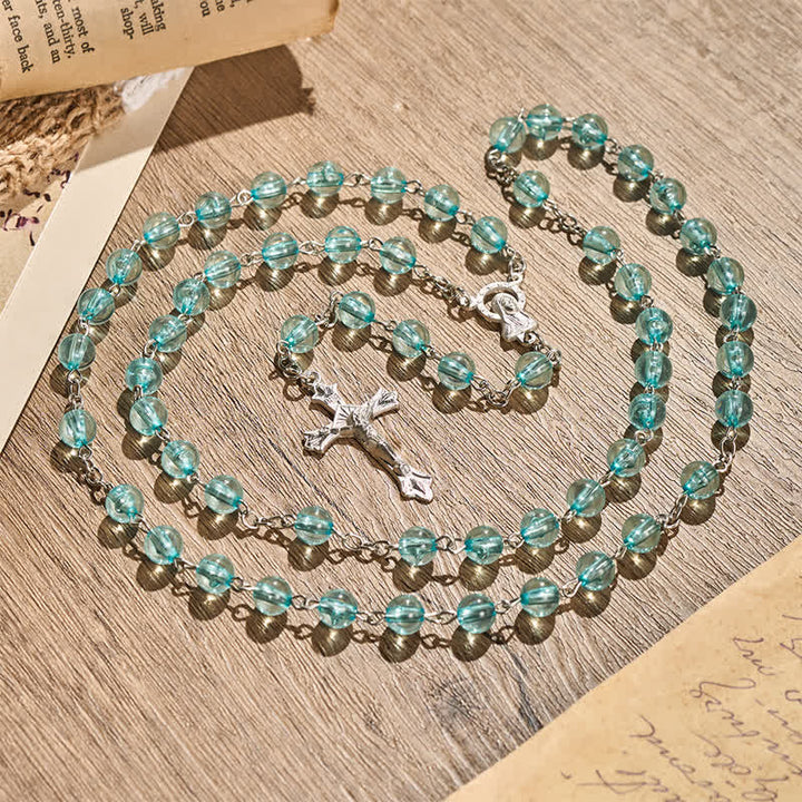 Christianartworkshop Our Lady & Crucifix of 8mm Round Glass Blue Alloy Chain Rosary - image 2