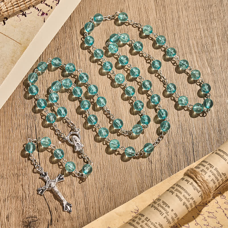 Christianartworkshop Our Lady & Crucifix of 8mm Round Glass Blue Alloy Chain Rosary - image 3