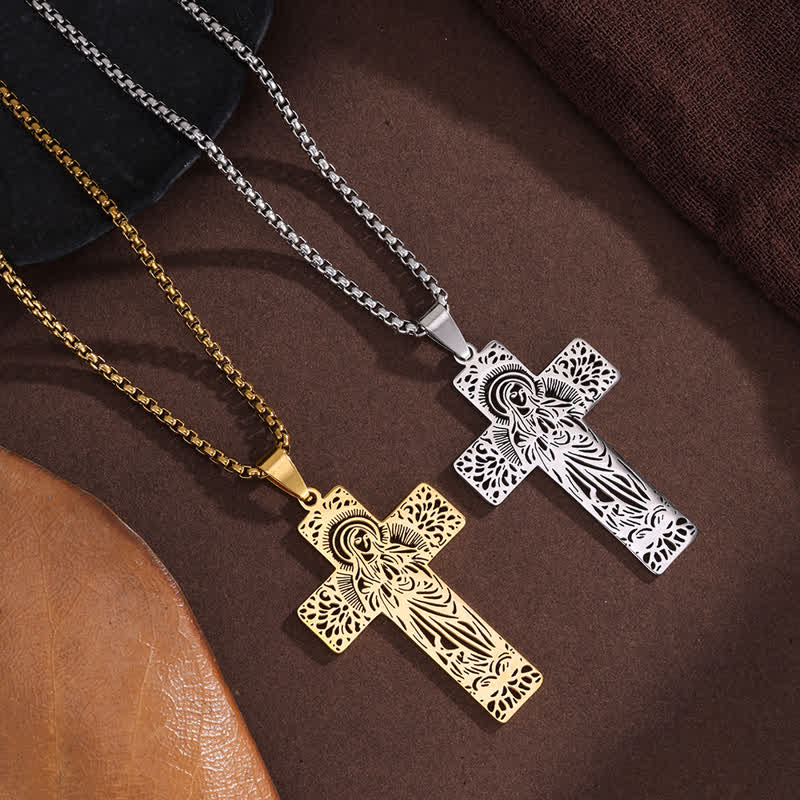 Christianartworkshop Detailed Etched Our Lady Cross Pendant Necklace: Bearer of Calming Divine Solace - image 0