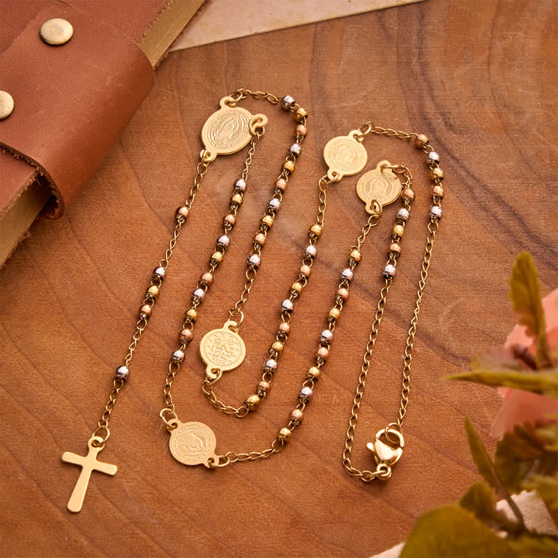 Christianartworkshop Our Lady Medal & Cross Ball Chain Rosary: Token of Gentle Divine Comfort - Golden & Silver & Rose - image 0