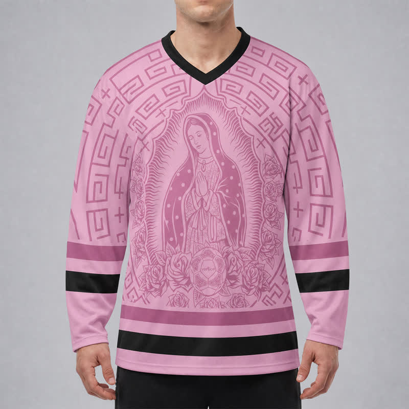 Christianartworkshop Pink Madonna Rose Halo V Neck Hockey Jersey - image 3