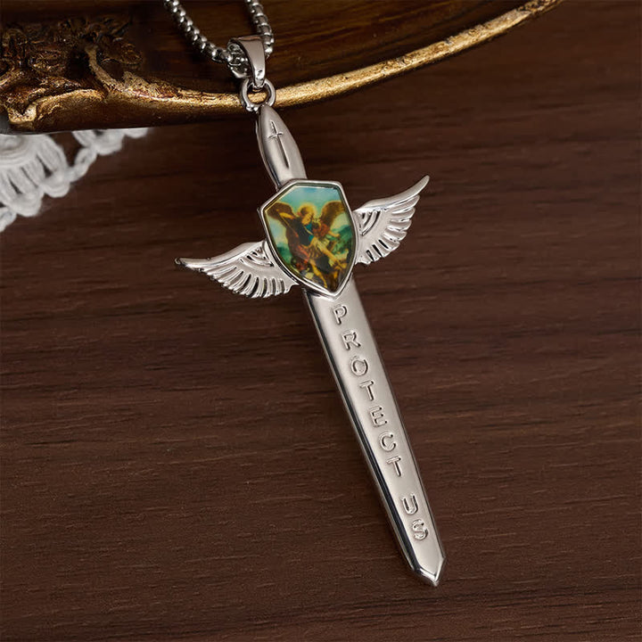 Christianartworkshop Uplifting Double-Face St. Michael Wing Sword Cross Necklace - Silver - image 7