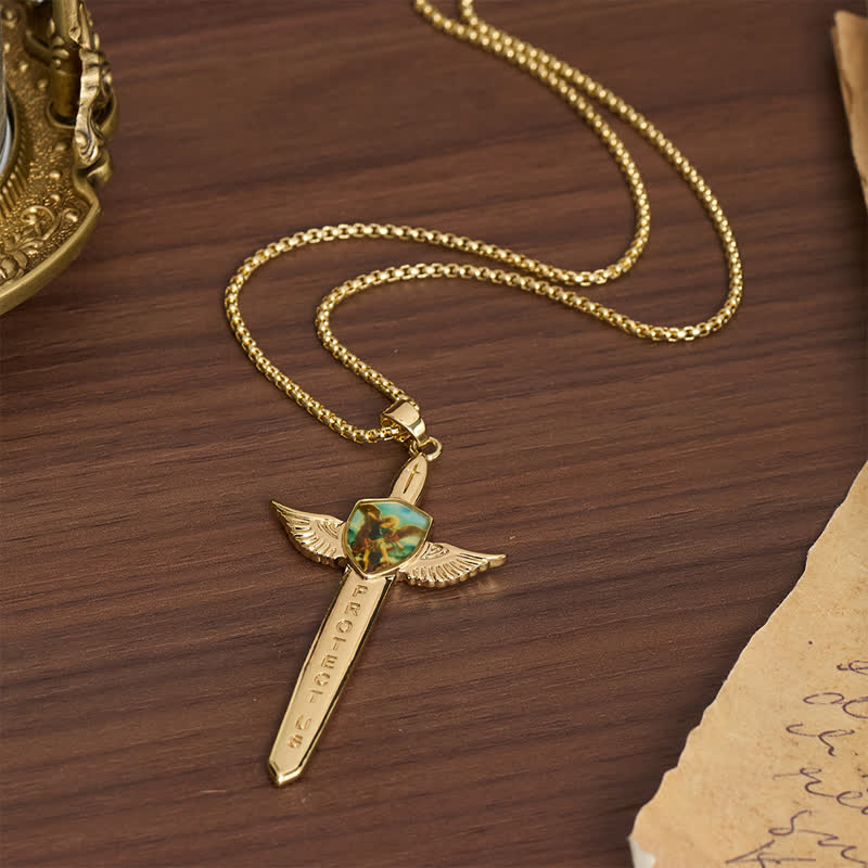 Christianartworkshop Uplifting Double-Face St. Michael Wing Sword Cross Necklace - image 5