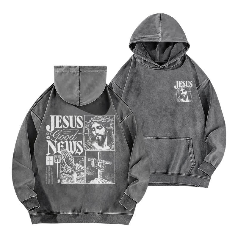 Christianartworkshop Jesus Good News Vintage Collage Faded Streetwear Washed Hoodie - Grey - 5XL - image 0