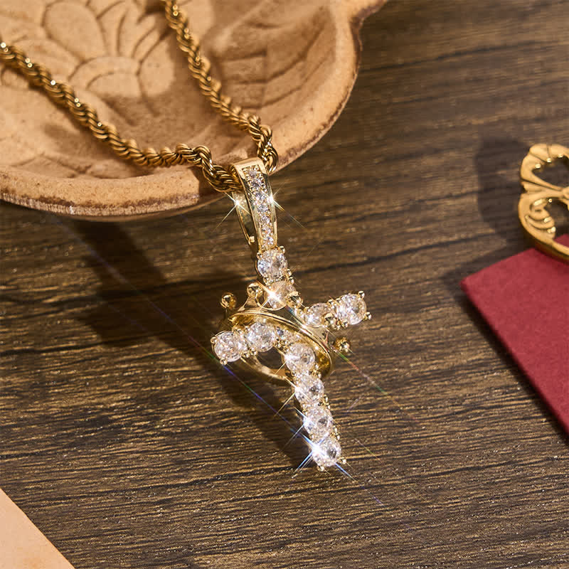 Christianartworkshop Fully Paved Shining Cross With Crown Accent: Charm of Radiant Heavenly Radiance - Golden - image 0