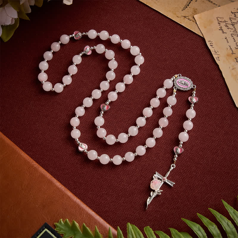 Christianartworkshop Blush Rose Quartz Rosary With Our Lady Medallion & Rose Cross: Token of Tender Divine Love - image 3