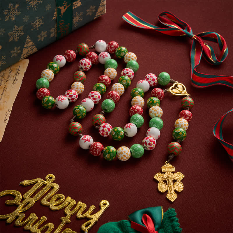 Christianartworkshop Festive Christmas Wooden Bead Rosary With Holy Spirit Medal & Golden Crucifix - Christmas-Themed Rosary - image 0