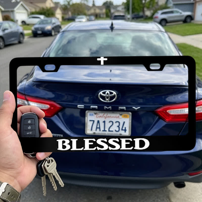 Christianartworkshop Minimalist Cross Blessed Metal Car Frame: Roadside Reminder of Blessings - image 2