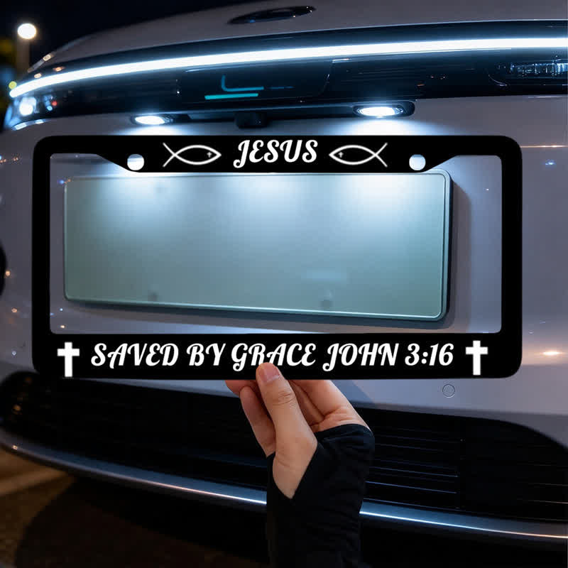 Christianartworkshop Sacred Ichthys & Cross Scripture Metal Car Frame: Witness of Graceful Salvation - image 2