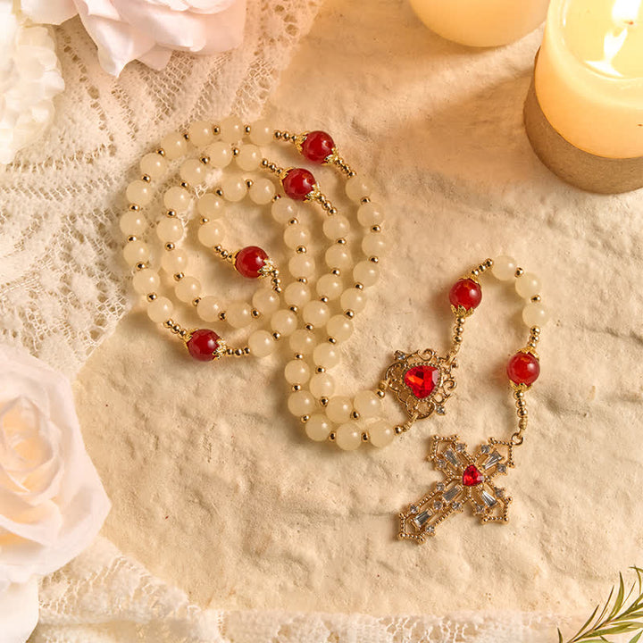 Christianartworkshop Cream Glass Bead Rosary with Ruby Red Accent Beads & Sacred Heart Medal & Jeweled Crucifix - image 3