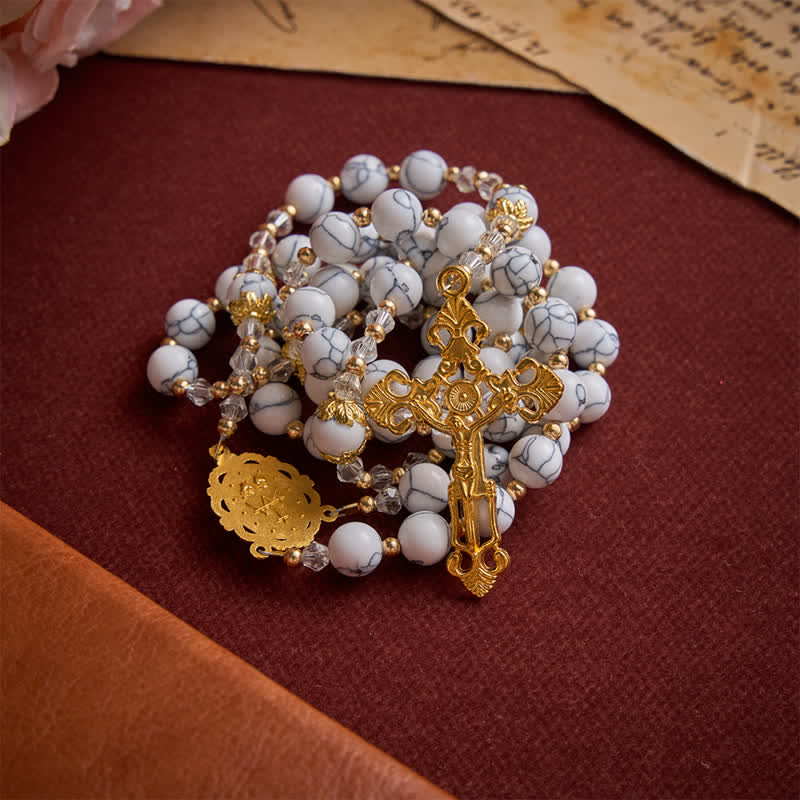 Christianartworkshop White Veined Howlite Stone Rosary With Our Lady Medal & Golden Crucifix - image 2