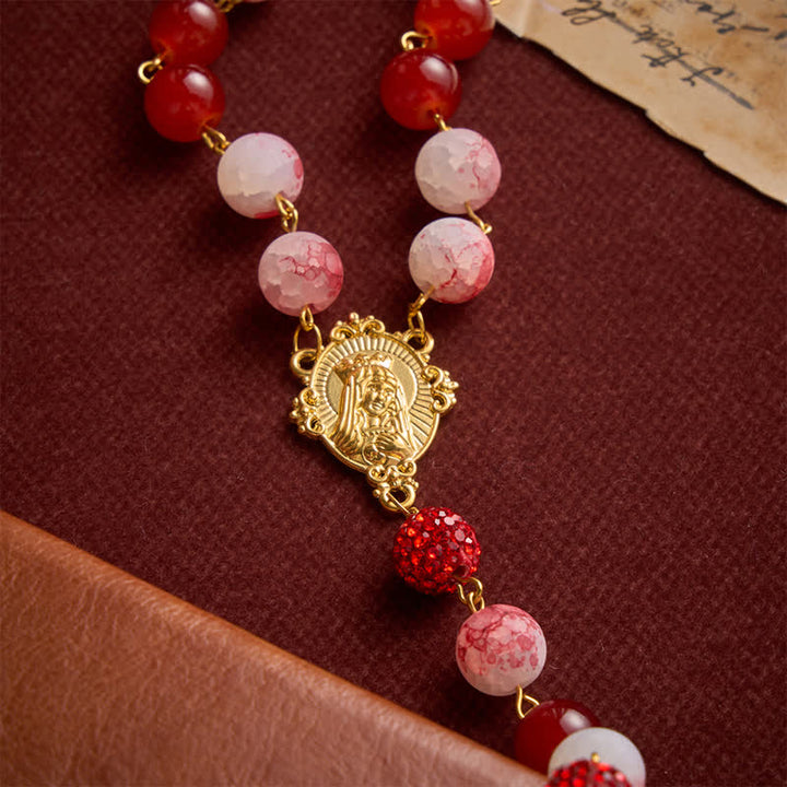 Christianartworkshop Festive Red & Frosted Crackle Glass Rosary With Our Lady Medal & Red Crucifix - image 8