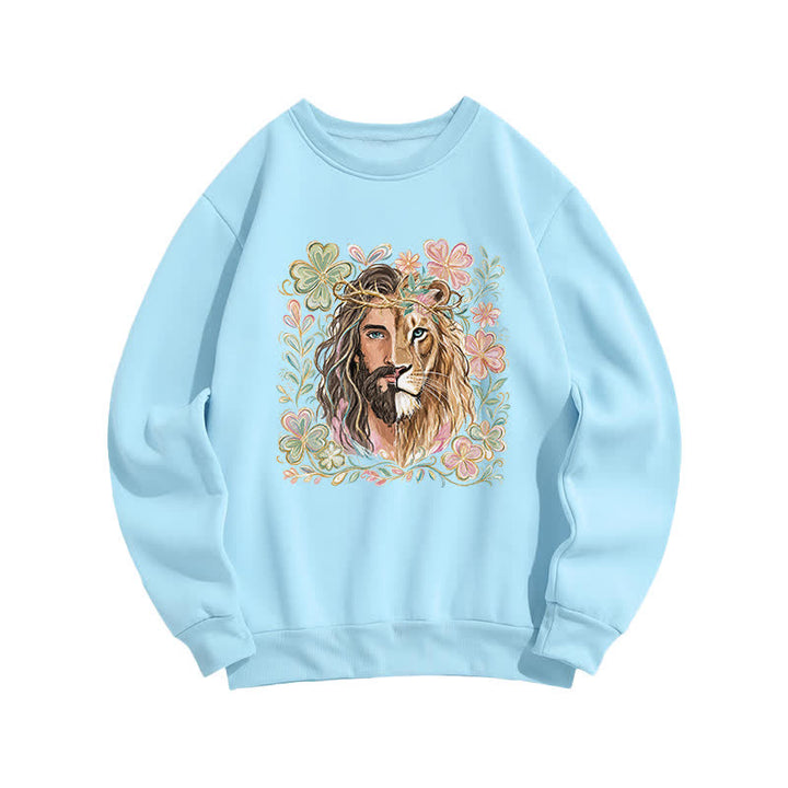 Christianartworkshop Lion Of Judah Floral Portrait Crewneck Sweatshirt - Blue - 2XL - image 1