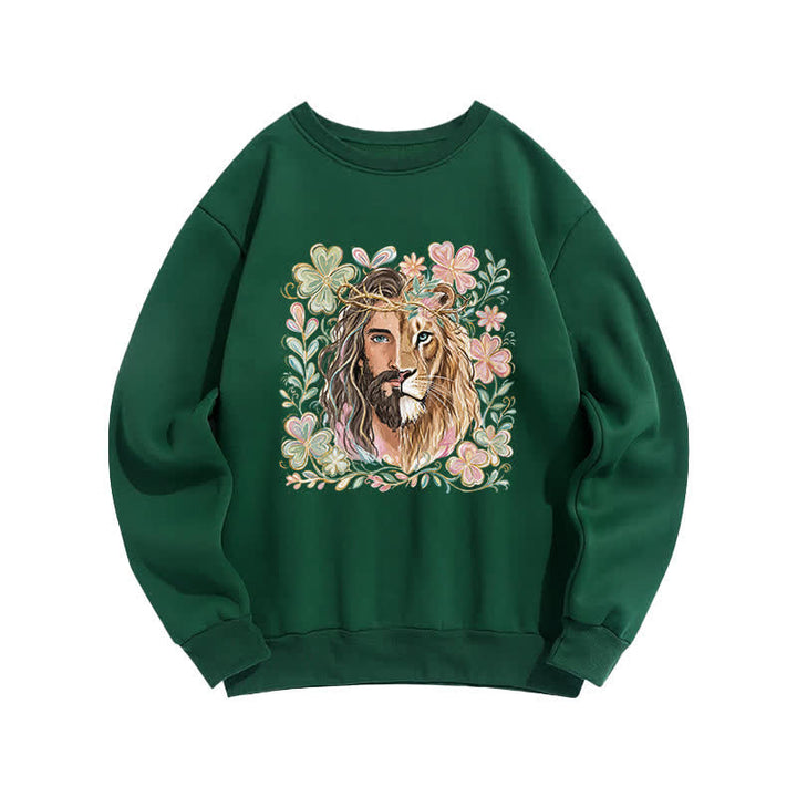 Christianartworkshop Lion Of Judah Floral Portrait Crewneck Sweatshirt - Green - 2XL - image 5